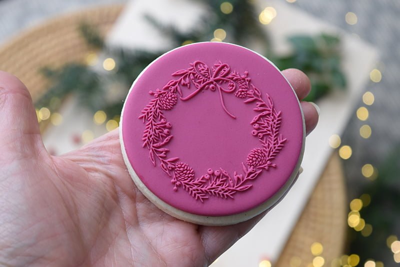 Festive wreath and ribbon bow cookie embosser