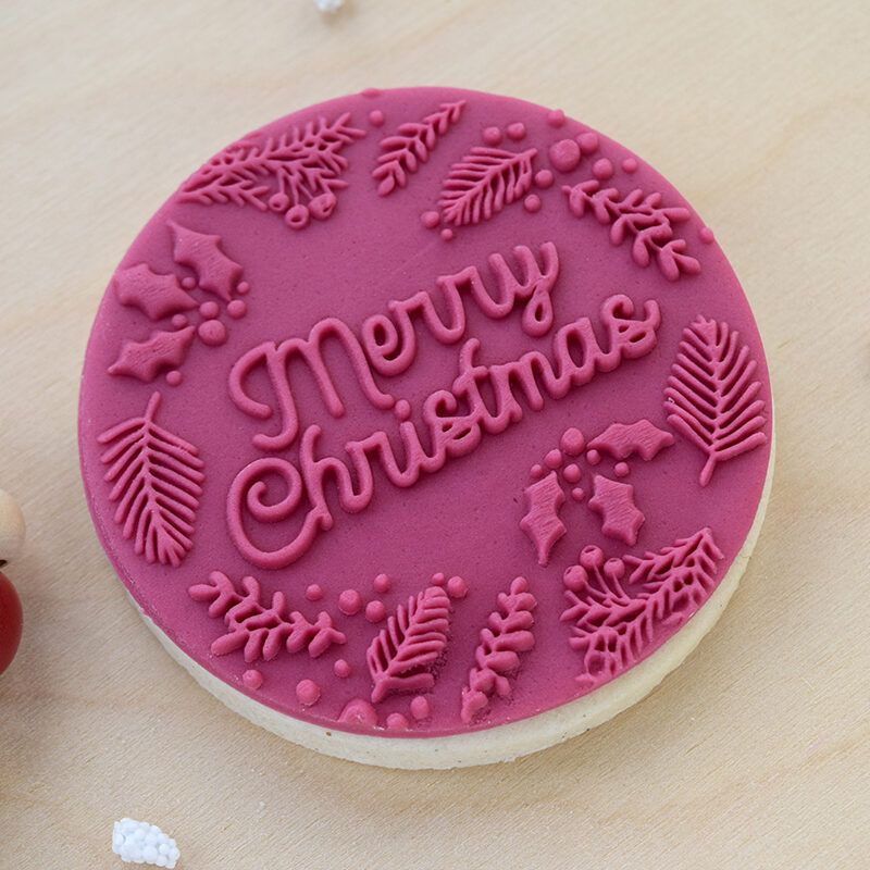 Holly + Firs Merry Christmas cookie embosser